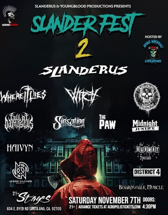 Slander Fest 2 flyer: Saturday November 7th at Stages in Santa Ana, doors 4:30 PM, 21+
